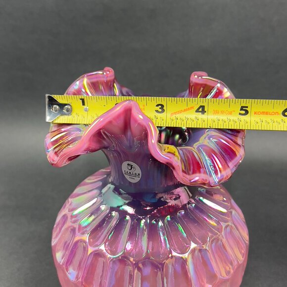 Vtg Frank Fenton Art Glass Plum Pink Carnival Iridescent Thumbprint Vase Signed - Picture 15 of 15